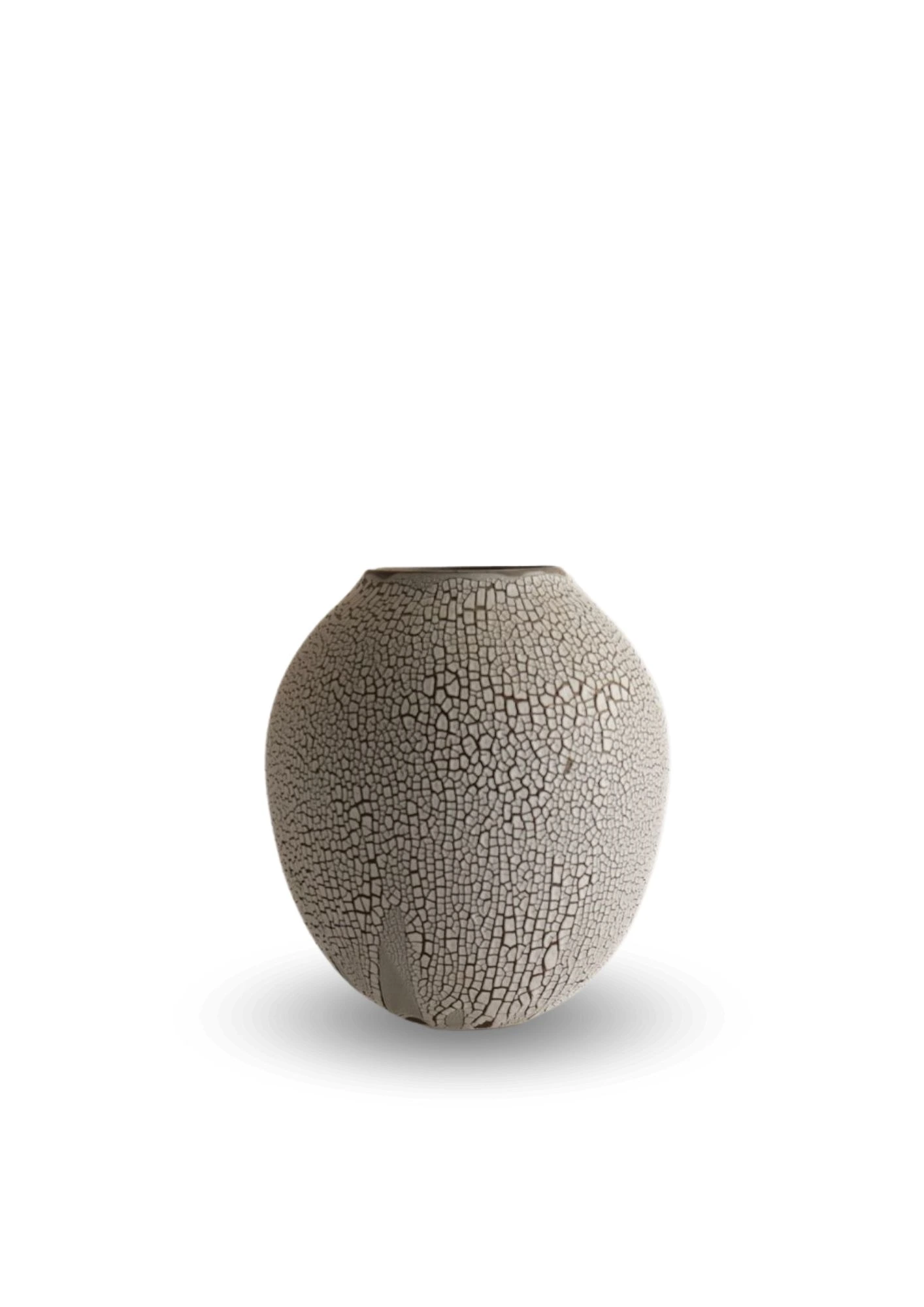 Handmade stoneware vase with generous ovoid shape, finely crackled white glaze, unique piece with minimalist design, luxury ceramics, front view