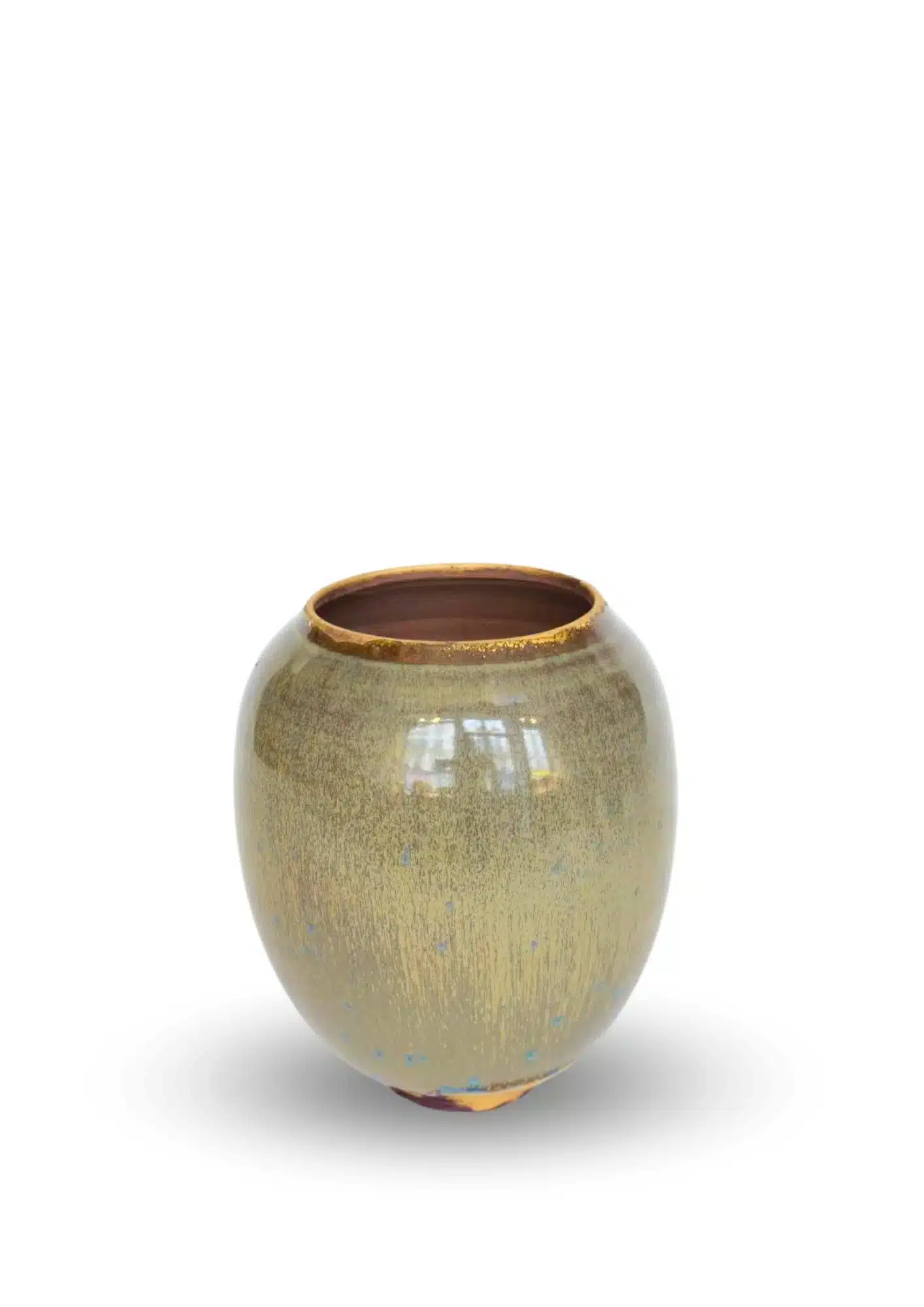 Rear view of Karen Swami's contemporary stoneware vase with golden glaze and blue crystalline effects.