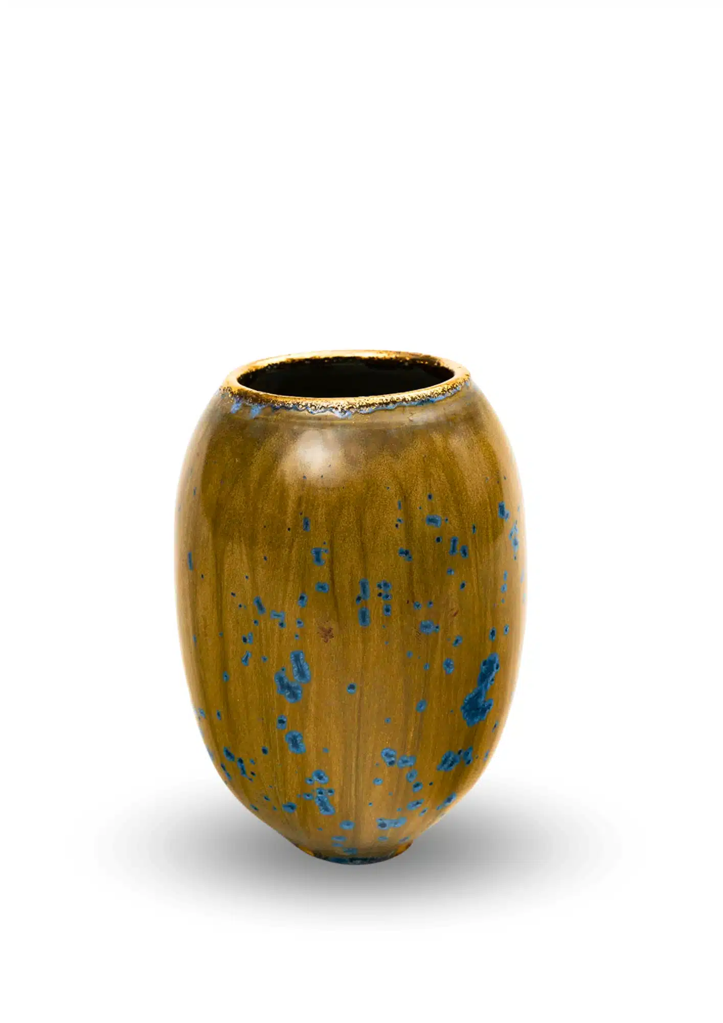 Rear view of Karen Swami's contemporary stoneware vase with ochre glaze and blue crystalline accents.