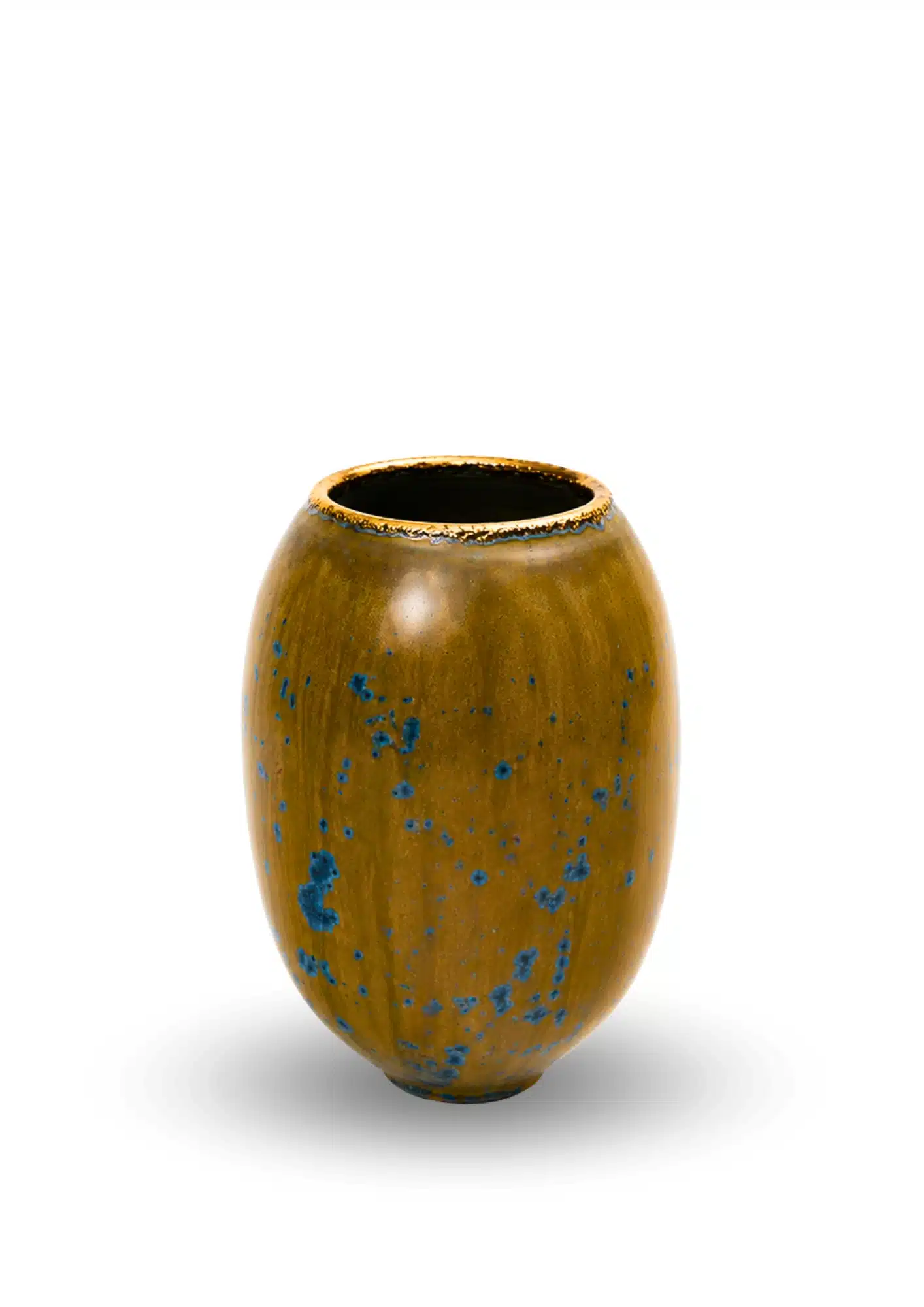 Contemporary hand-thrown stoneware vase by Karen Swami with ochre glaze and blue crystalline effects.