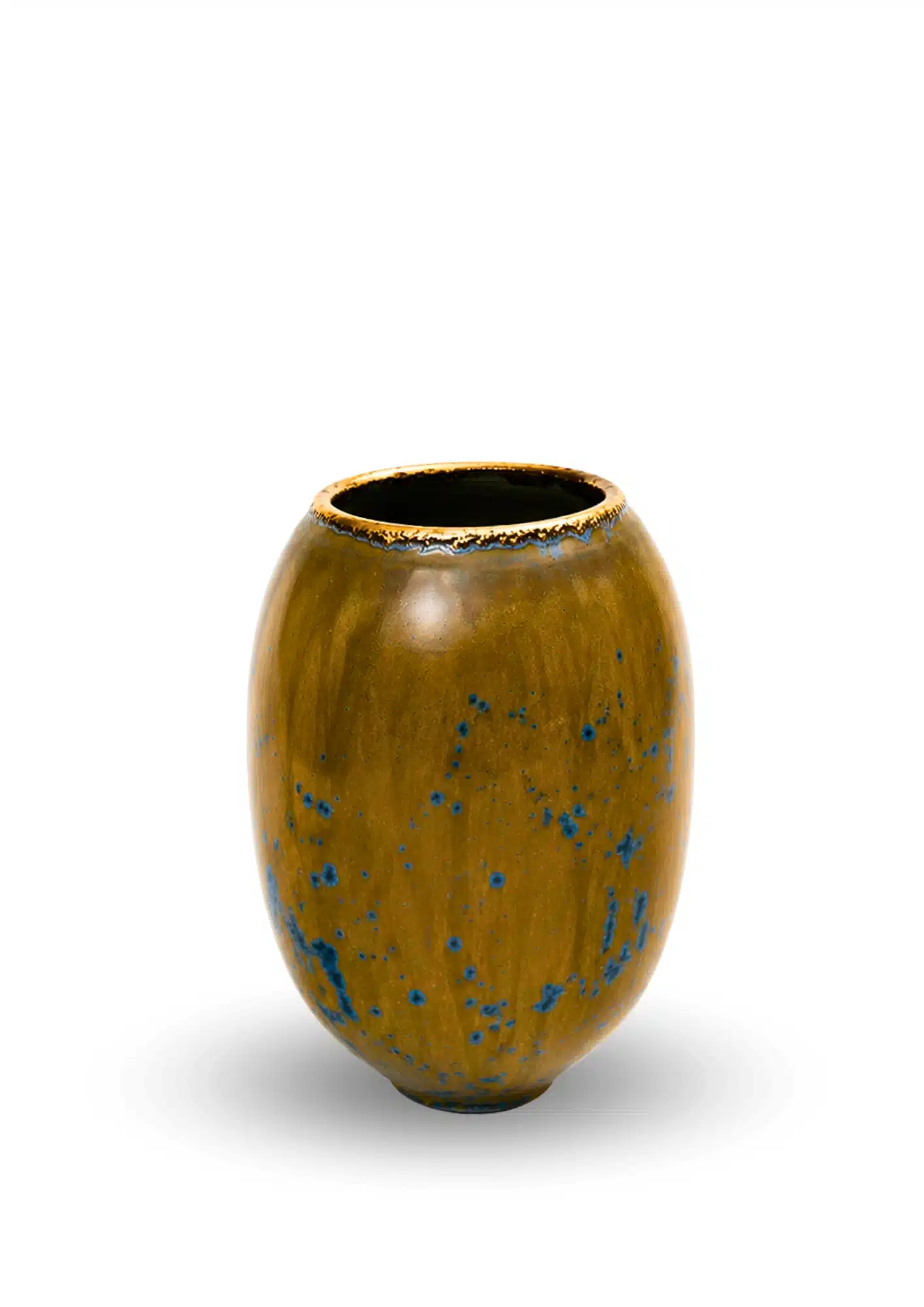 Side view of Karen Swami's ochre glazed stoneware vase featuring blue crystalline textures.